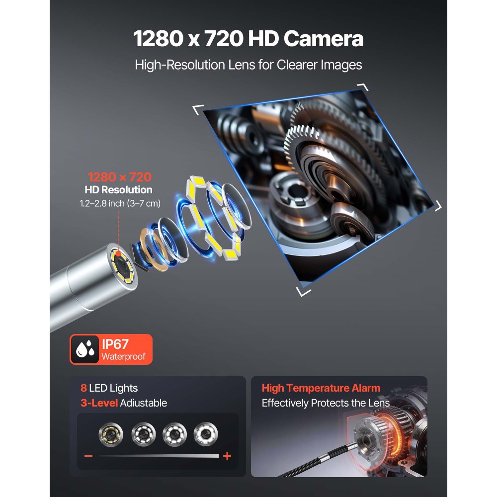 VEVOR Articulating Endoscope with Light, Two-Way Articulated Borescope Camera, 4.3" HD IPS Screen, 1280 x 720 Lens, 8X Zoom, IP67 Waterproof Inspection Snake Camera for Auto, Plumbing (4.9FT Cable)
