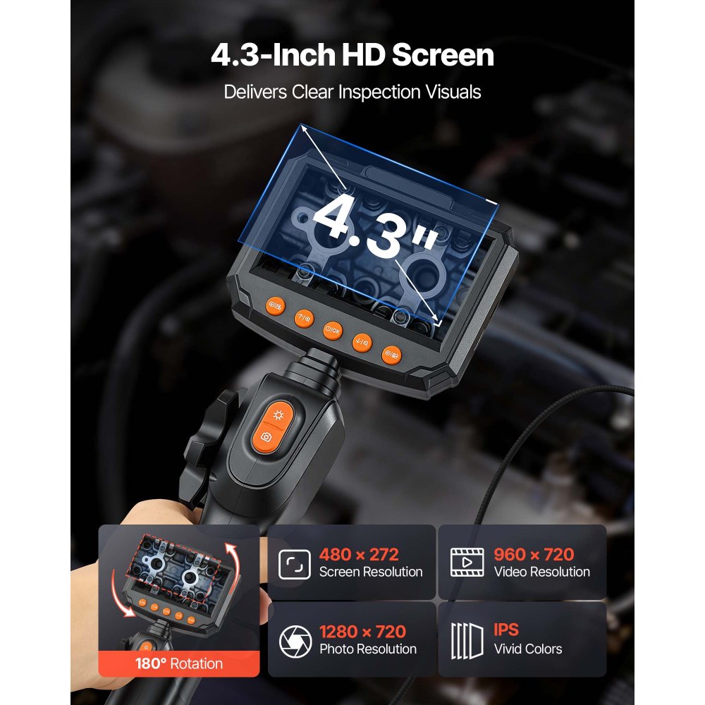 VEVOR Articulating Borescope with 0.15" Ultra Slim Lens, Two-Way Articulated Endoscope with Light, 4.3" IPS Screen, 1280 x 720 HD Lens, 8X Zoom Inspection Camera for Automotive, Tight Mechanical Space
