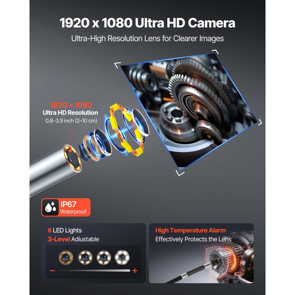 VEVOR 4-Way Articulating Endoscope with Light, True 1080P HD Industrial Borescope Inspection Camera with Articulated Probe, Flexible Snake Scope Cam for Wall Automotive Engine Inspect-4.9FT