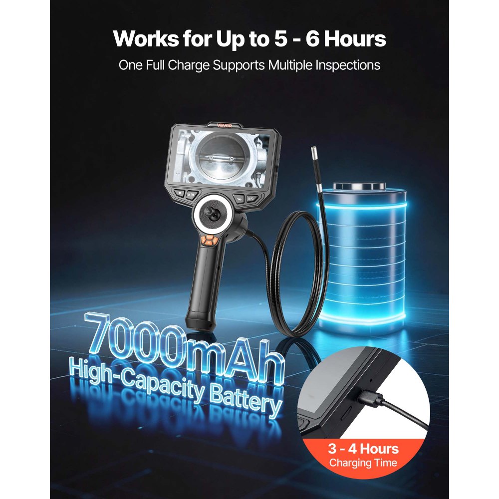 VEVOR Articulating Endoscope with Light, 4-Way 360° Articulated Borescope Camera, 6" HD IPS Screen, 1920 x 1080 Lens, 8X Zoom, 7000mAh Battery, IP67 Waterproof for Auto, Plumbing (4.9FT Snake Cable)