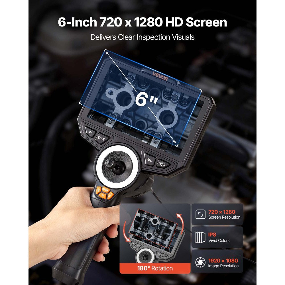 VEVOR Articulating Borescope with 0.15" Ultra Slim Lens, 4-Way 360° Articulated Endoscope Camera with Light, 6" HD IPS Screen, 8X Zoom, 7000mAh Inspection Camera for Auto & Tight Mechanical Spaces