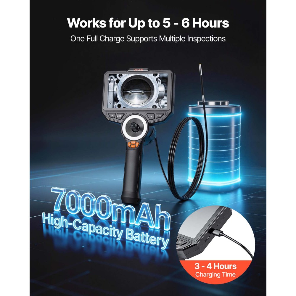 VEVOR Articulating Borescope with 0.15" Ultra Slim Lens, 4-Way 360° Articulated Endoscope Camera with Light, 6" HD IPS Screen, 8X Zoom, 7000mAh Inspection Camera for Auto & Tight Mechanical Spaces
