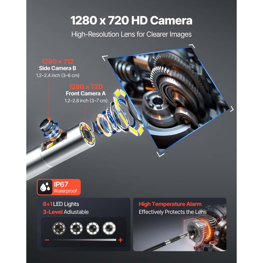 VEVOR 2-Way Dual-Lens Articulating Endoscope with Light, 1080P HD Industrial Borescope Inspection Camera with Articulated Probe, Rigid Snake Scope Cam for Wall Automotive Engine Inspect-4.9FT