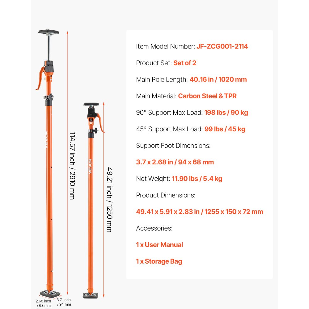 VEVOR Cabinet Jack Support Pole, 2-Pack, 49.2-114.6 Inch Steel Telescopic Quick Support Rod, Adjustable 3rd Hand System up to 198 lbs Capacity for Installing Cabinets, Lifting Drywall, Cargo Bars
