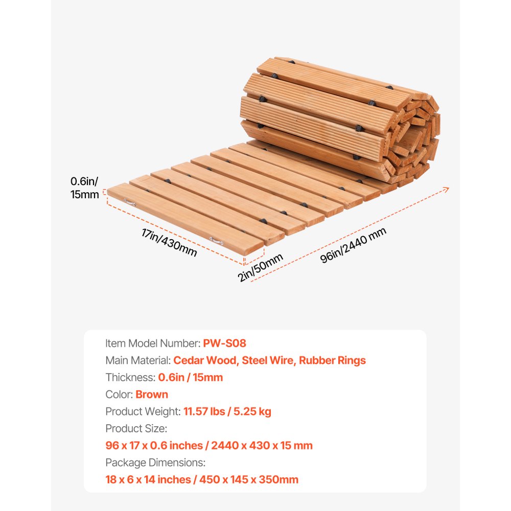 VEVOR Wooden Garden Pathway, 8 ft L x 17 in W, Non-Slip Straight Garden Walkway, Roll Out Cedar Outdoor Walkway Path with Wire Rope Connection, Decorative Garden Paver for Backyard Wedding Party