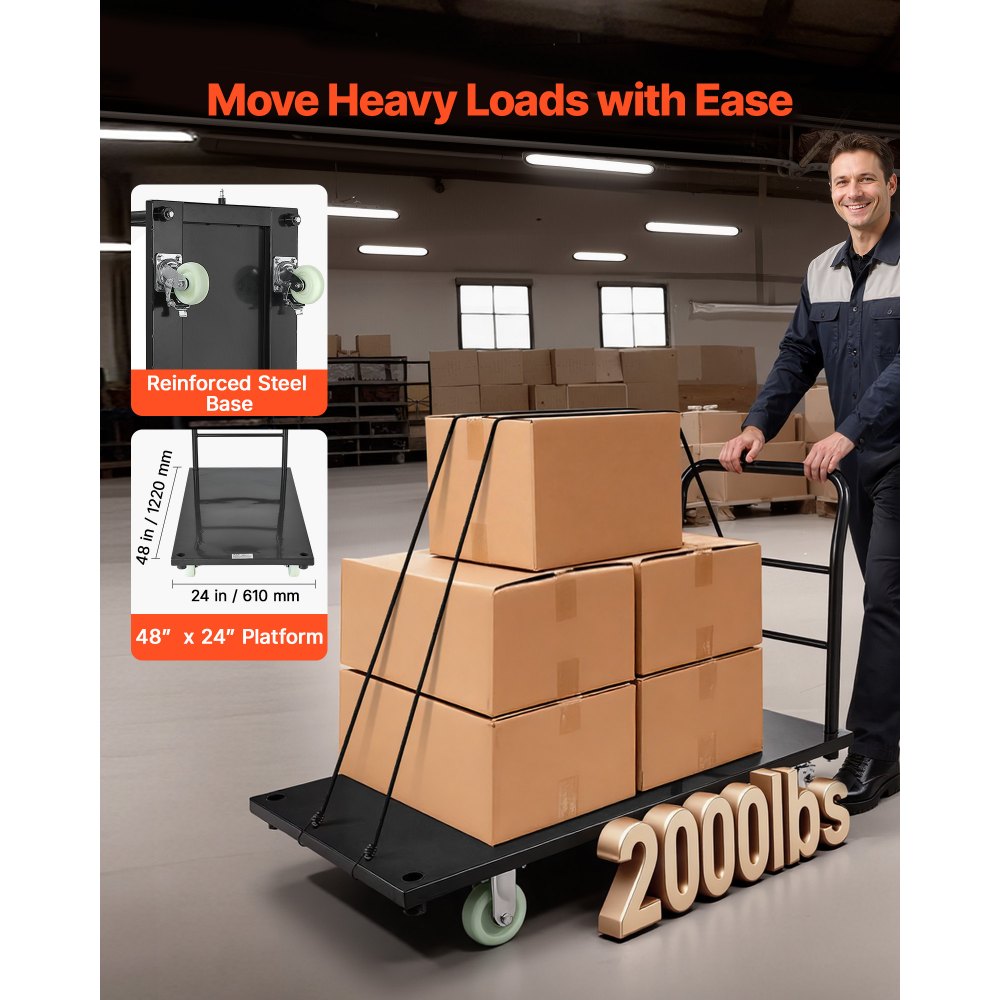VEVOR Heavy Duty Platform Truck, 2000 lbs Capacity, Industrial Steel Flatbed Cart with Swivel Wheels and Handle, Platform Hand Push Truck Dolly, Easy Storage, for Luggage Moving, 48 x 24 x 32.1 in