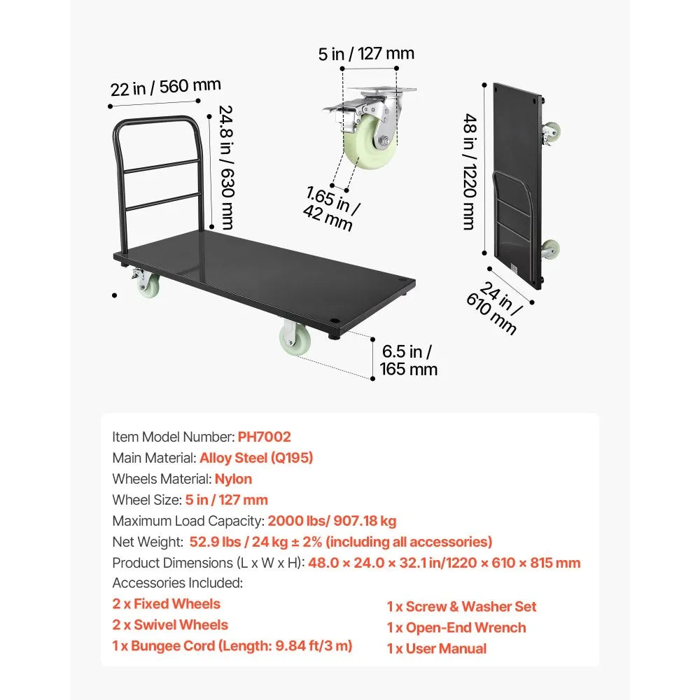 VEVOR Heavy Duty Platform Truck, 2000 lbs Capacity, Industrial Steel Flatbed Cart with Swivel Wheels and Handle, Platform Hand Push Truck Dolly, Easy Storage, for Luggage Moving, 48 x 24 x 32.1 in