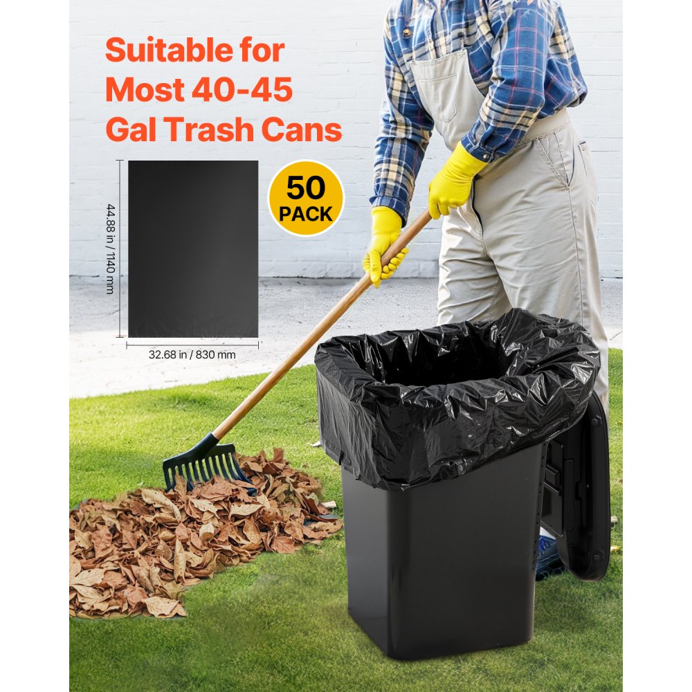 VEVOR Contractor Trash Bags, 40-45 Gallon Heavy Duty Contractor Trash Bags, 1.7 MIL Thick Large Black Industrial Garbage Bag, Big Garbage Bag (50 Count), for Commercial, Household and Industrial Use