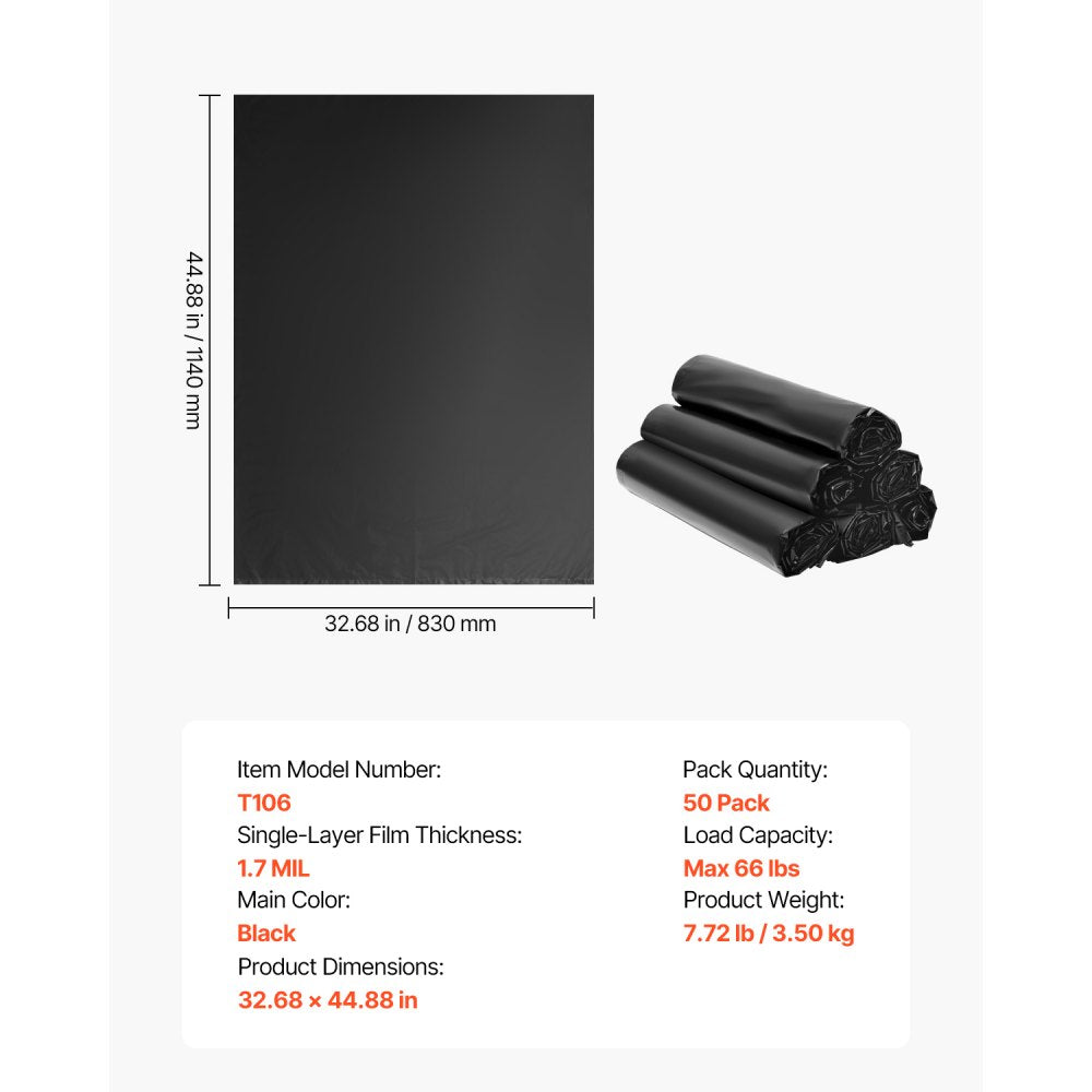 VEVOR Contractor Trash Bags, 40-45 Gallon Heavy Duty Contractor Trash Bags, 1.7 MIL Thick Large Black Industrial Garbage Bag, Big Garbage Bag (50 Count), for Commercial, Household and Industrial Use