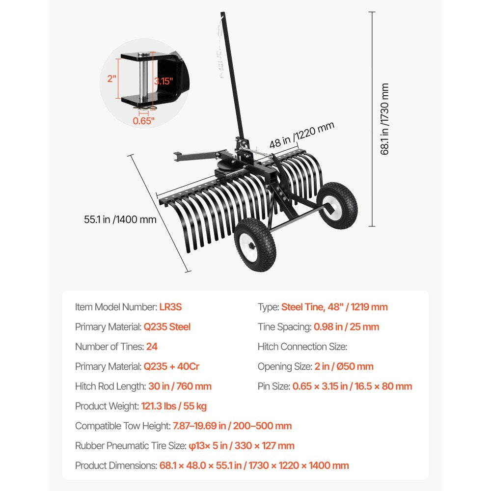VEVOR 48in Tow Behind Landscape Rake, Pull Behind Lawn Rock Rakes for ATV Mower Tractors, 24 Durable Steel Tines, Adjustable Height & Angle, Heavy Duty Dethatcher Rake for Leaves Debris