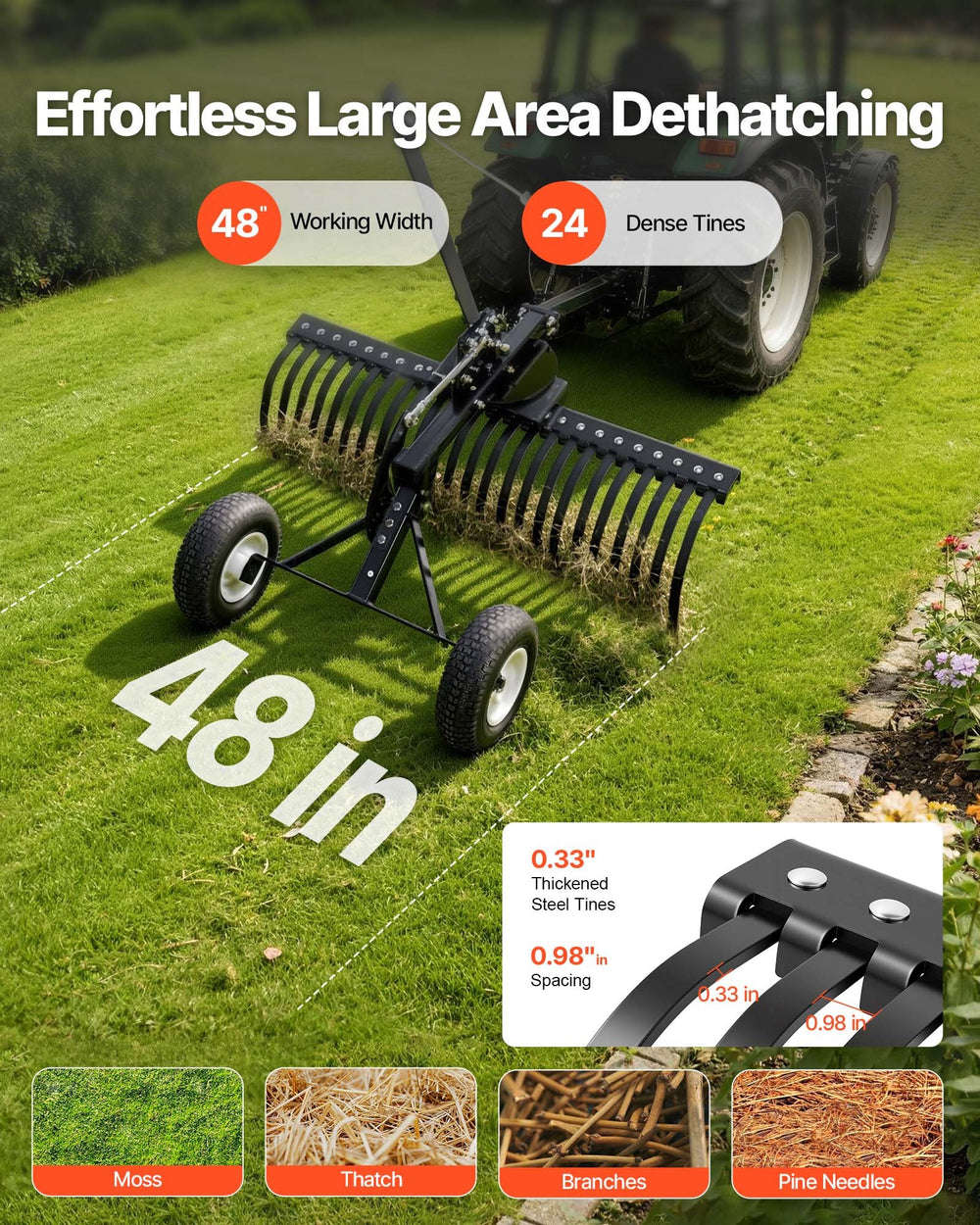 VEVOR 48in Tow Behind Landscape Rake, Pull Behind Lawn Rock Rakes for ATV Mower Tractors, 24 Durable Steel Tines, Adjustable Height & Angle, Heavy Duty Dethatcher Rake for Leaves Debris