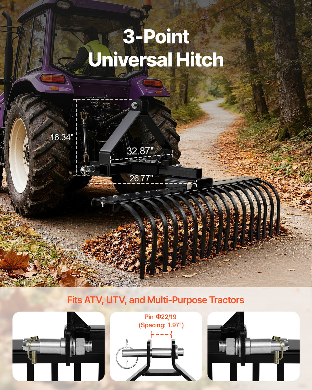 VEVOR 50 in Lanscape Rock Rake, 3-Point Tow Behind Landscape Rake with 17 Steel Tines, Fit Category 1 Tractors, Angle Adjustable, Heavy Duty Lawn Dethatcher Rake for Grass Branch Debris