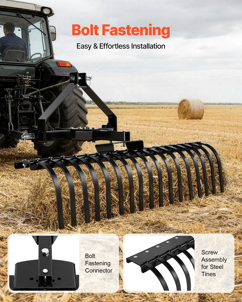 VEVOR 50 in Lanscape Rock Rake, 3-Point Tow Behind Landscape Rake with 17 Steel Tines, Fit Category 1 Tractors, Angle Adjustable, Heavy Duty Lawn Dethatcher Rake for Grass Branch Debris