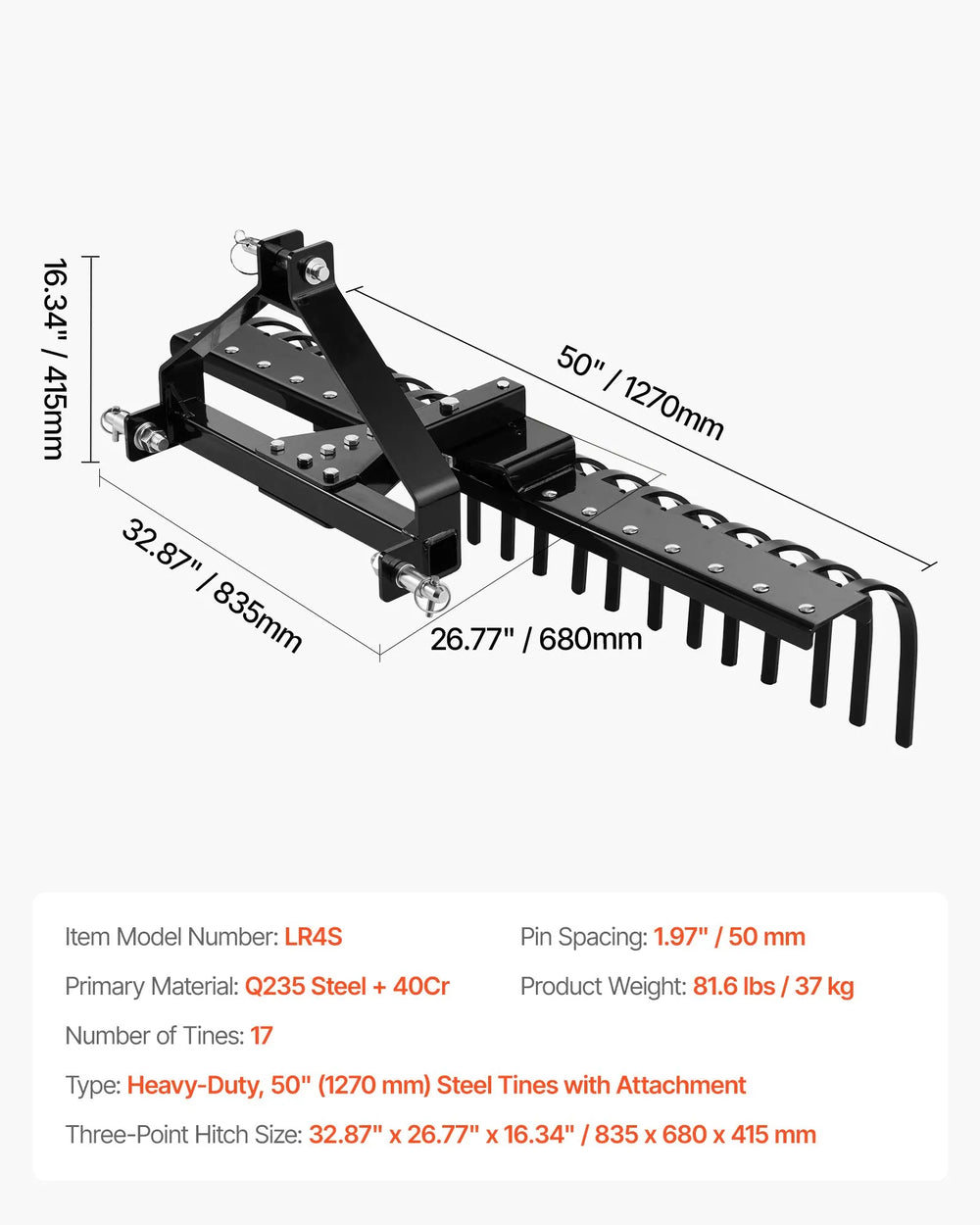 VEVOR 50 in Lanscape Rock Rake, 3-Point Tow Behind Landscape Rake with 17 Steel Tines, Fit Category 1 Tractors, Angle Adjustable, Heavy Duty Lawn Dethatcher Rake for Grass Branch Debris