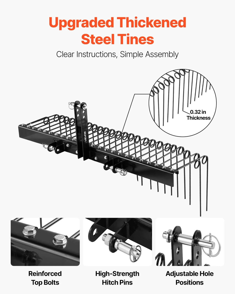 VEVOR 60 in Tow Behind Landscape Rake, 3 Point Hitch Lawn Dethatcher Rake, 26 Spring Steel Tines, for Category 1 Tractors, Heavy Duty & Rust-Resistant Rakes Tractor Attachments for Leaves Pine Needles