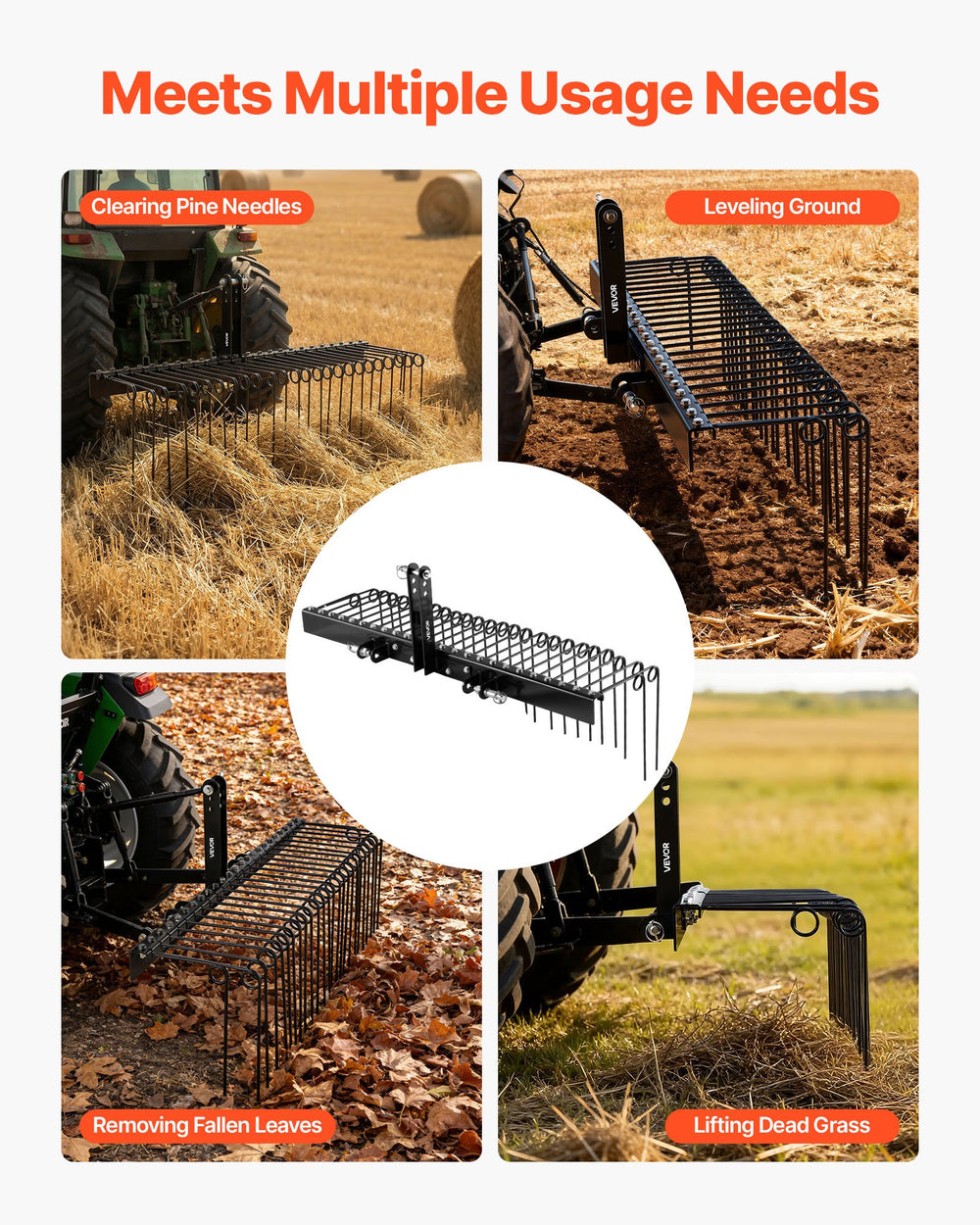 VEVOR 60 in Tow Behind Landscape Rake, 3 Point Hitch Lawn Dethatcher Rake, 26 Spring Steel Tines, for Category 1 Tractors, Heavy Duty & Rust-Resistant Rakes Tractor Attachments for Leaves Pine Needles
