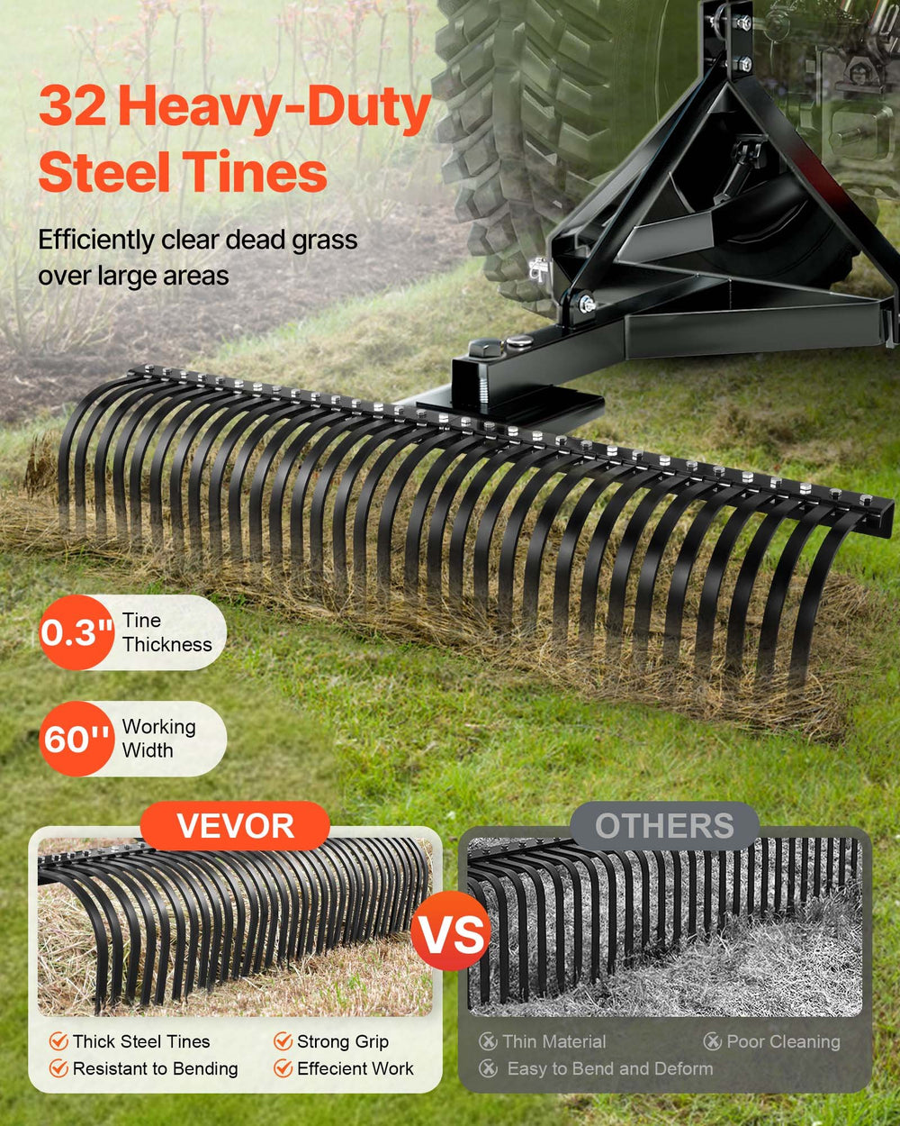 VEVOR Pull-Behind Thatch Remover feature image: 32 heavy-duty steel tines, 0.3 in tine thickness, 60 in working width
