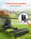 VEVOR Pull-Behind Thatch Remover feature image: 3-point universal hitch and dimensions callouts