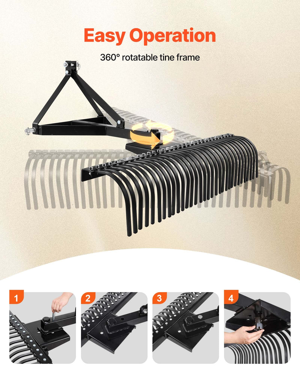 VEVOR Pull-Behind Thatch Remover feature image: easy operation with 360-degree rotatable tine frame
