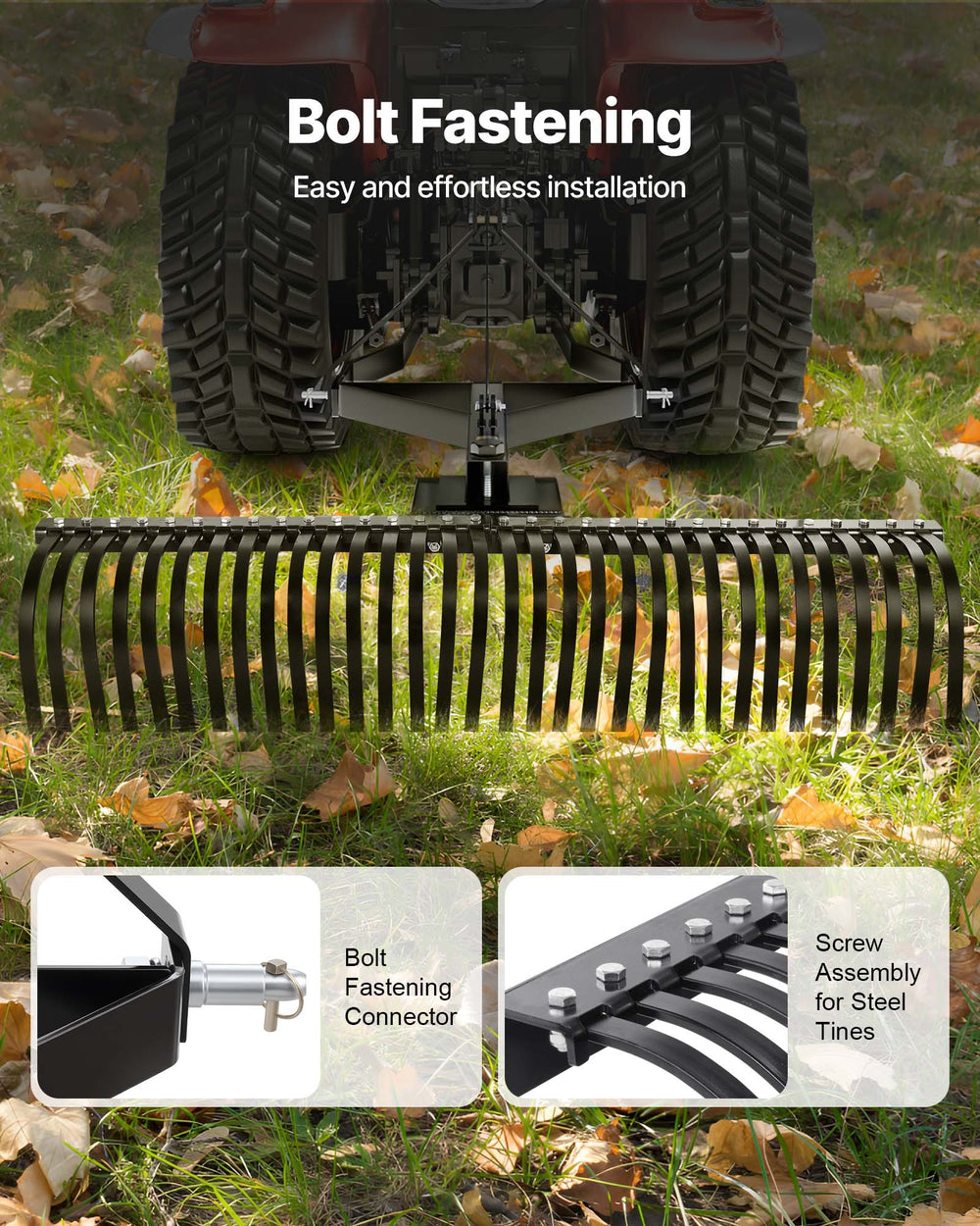 VEVOR Pull-Behind Thatch Remover feature image: bolt fastening for easy installation