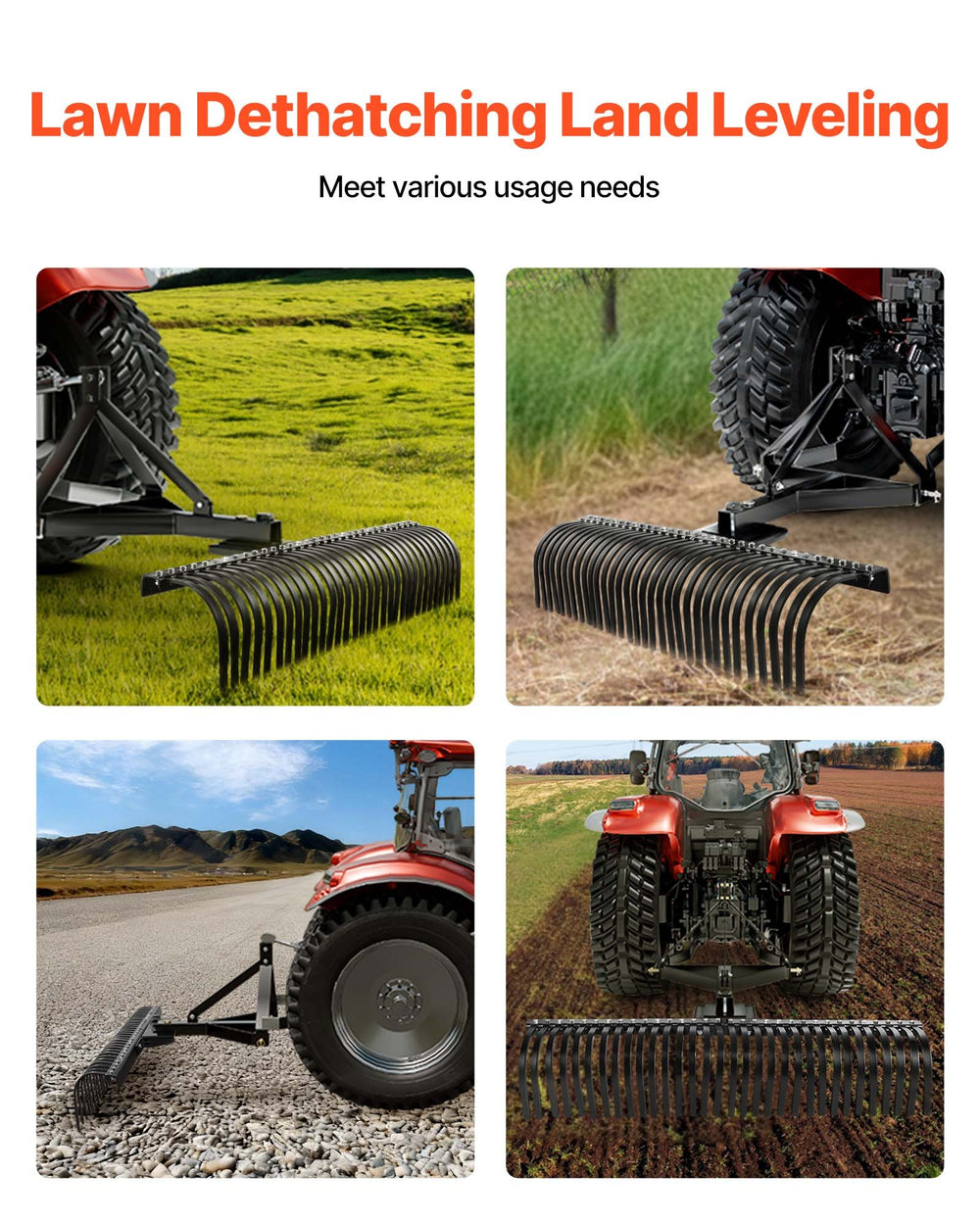 VEVOR Pull-Behind Thatch Remover feature image: lawn dethatching and land leveling applications