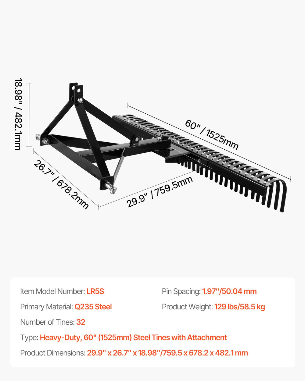 VEVOR Pull-Behind Thatch Remover feature image: product dimensions and key specifications diagram