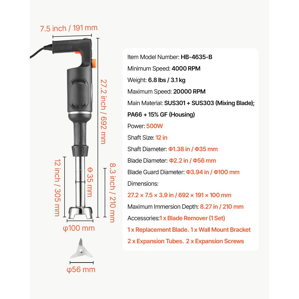 VEVOR Commercial Immersion Blender, 500W, 12-inch, Heavy-Duty Hand Mixer for Restaurant, Handheld Stick for Soups & Sauces, Pure-Copper Motor, Variable Speed, Stainless Steel 3-Blade Head, Lock