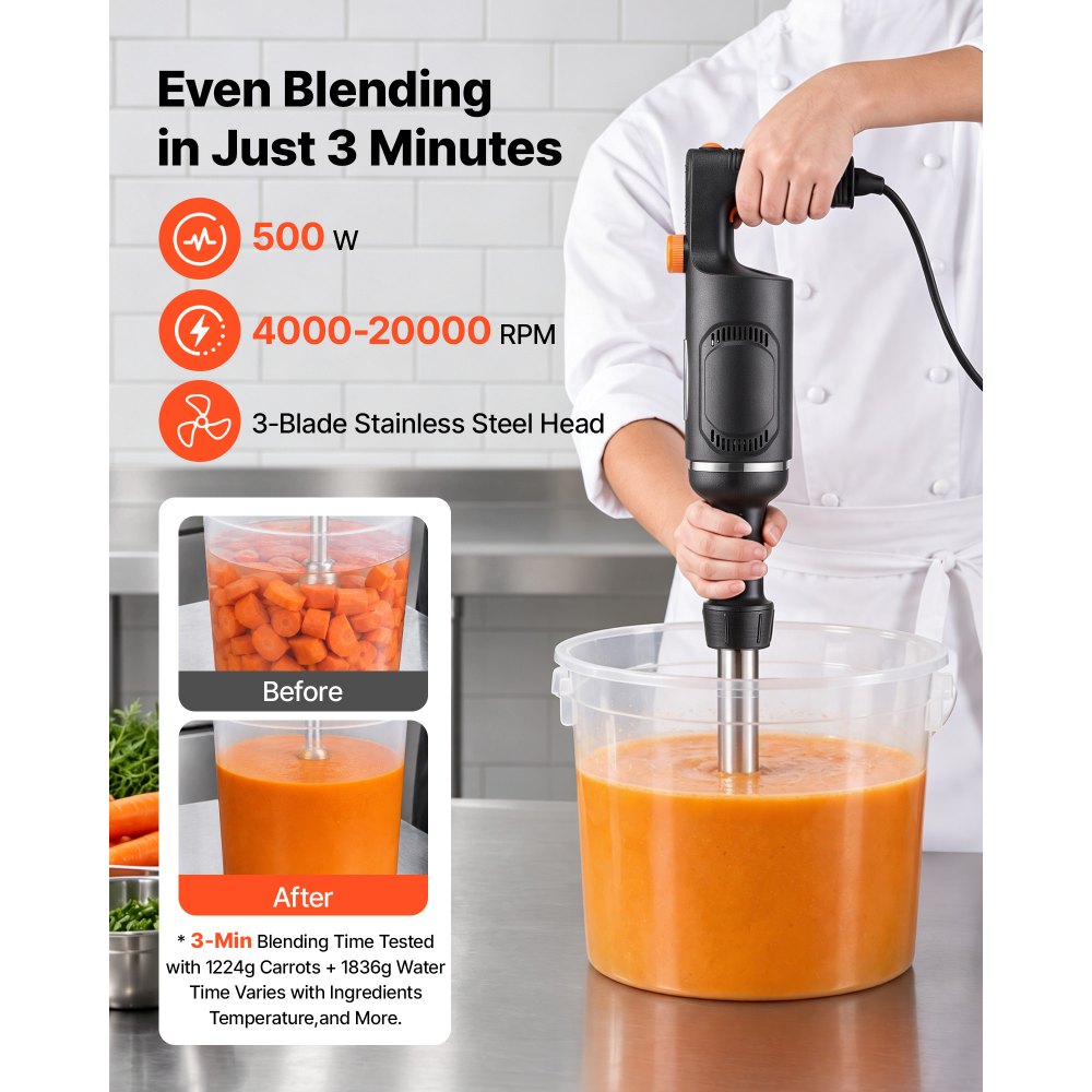 VEVOR Commercial Immersion Blender, 500W, 10-inch, Heavy-Duty Hand Mixer for Restaurant, Handheld Stick for Soups & Sauces, Pure-Copper Motor, Variable Speed, Stainless Steel 3-Blade Head, Lock