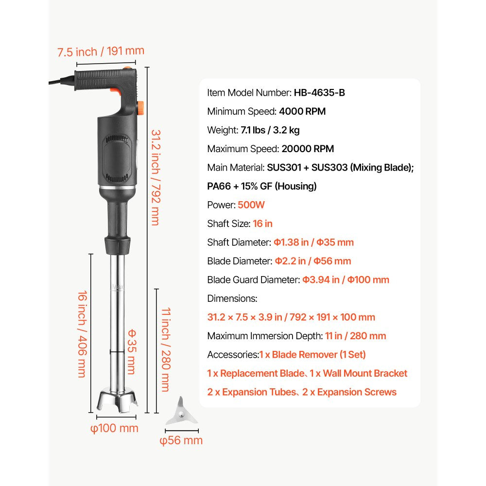 VEVOR Commercial Immersion Blender, 500W, 16-inch, Heavy-Duty Hand Mixer for Restaurant, Handheld Stick for Soups & Sauces, Pure-Copper Motor, Variable Speed, Stainless Steel 3-Blade Head, Lock