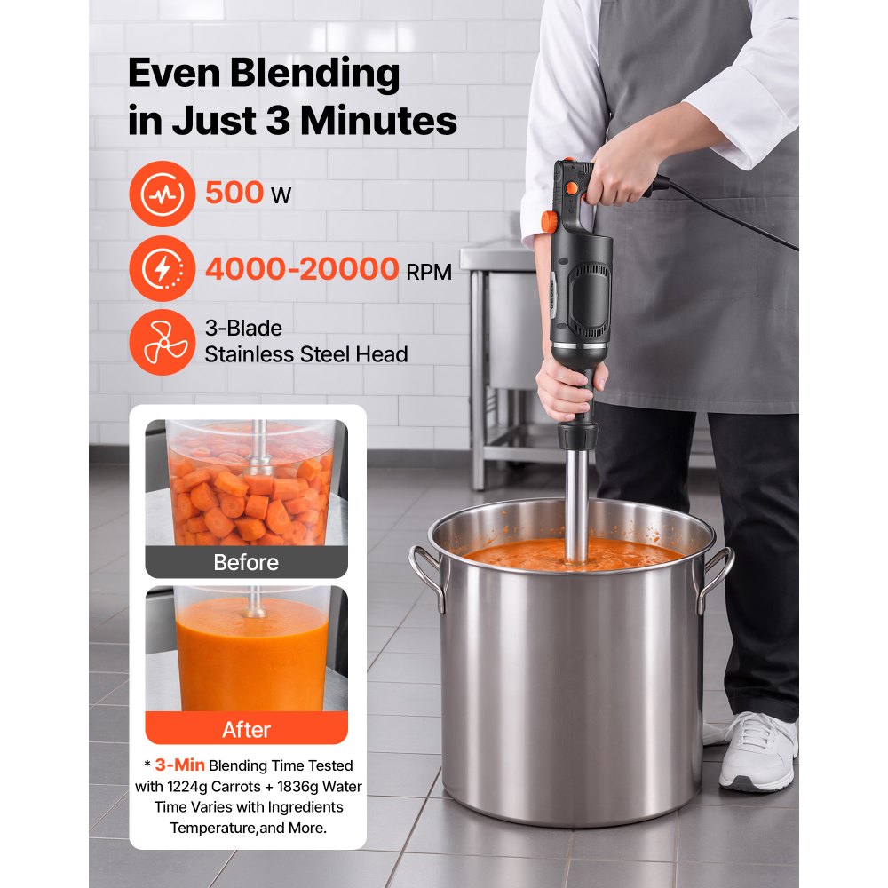 VEVOR Commercial Immersion Blender, 500W, 20-inch, Heavy-Duty Hand Mixer for Restaurant, Handheld Stick for Soups & Sauces, Pure-Copper Motor, Variable Speed, Stainless Steel 3-Blade Head, Lock