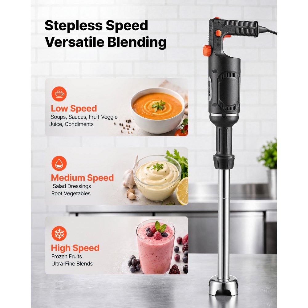 VEVOR Commercial Immersion Blender, 500W, 20-inch, Heavy-Duty Hand Mixer for Restaurant, Handheld Stick for Soups & Sauces, Pure-Copper Motor, Variable Speed, Stainless Steel 3-Blade Head, Lock