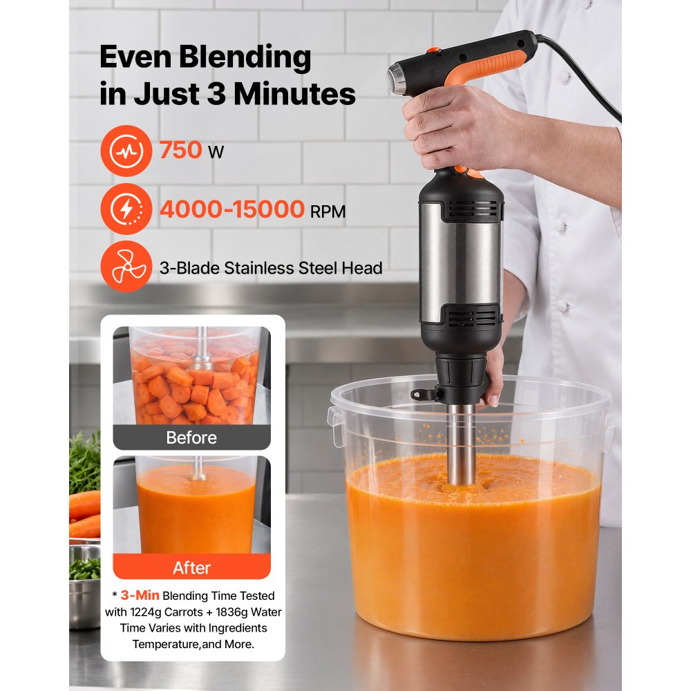 VEVOR Commercial Immersion Blender, 750W, 14-inch, Heavy-Duty Hand Mixer for Restaurant, Handheld Stick for Soups & Sauces, Pure-Copper Motor, Variable Speed, Stainless Steel 3-Blade Head, Handle