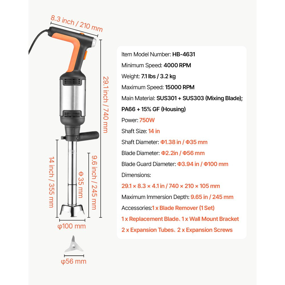 VEVOR Commercial Immersion Blender, 750W, 14-inch, Heavy-Duty Hand Mixer for Restaurant, Handheld Stick for Soups & Sauces, Pure-Copper Motor, Variable Speed, Stainless Steel 3-Blade Head, Handle