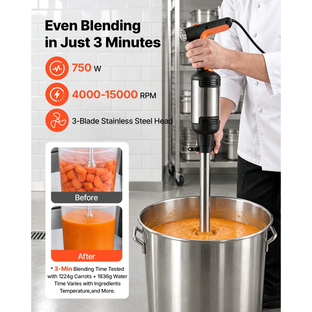VEVOR Commercial Immersion Blender, 750W, 18-inch, Heavy-Duty Hand Mixer for Restaurant, Handheld Stick for Soups & Sauces, Pure-Copper Motor, Variable Speed, Stainless Steel 3-Blade Head, Handle