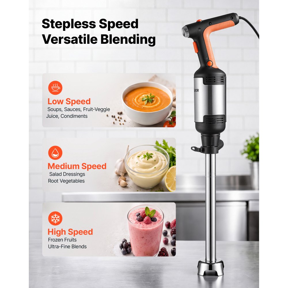 VEVOR Commercial Immersion Blender, 750W, 18-inch, Heavy-Duty Hand Mixer for Restaurant, Handheld Stick for Soups & Sauces, Pure-Copper Motor, Variable Speed, Stainless Steel 3-Blade Head, Handle