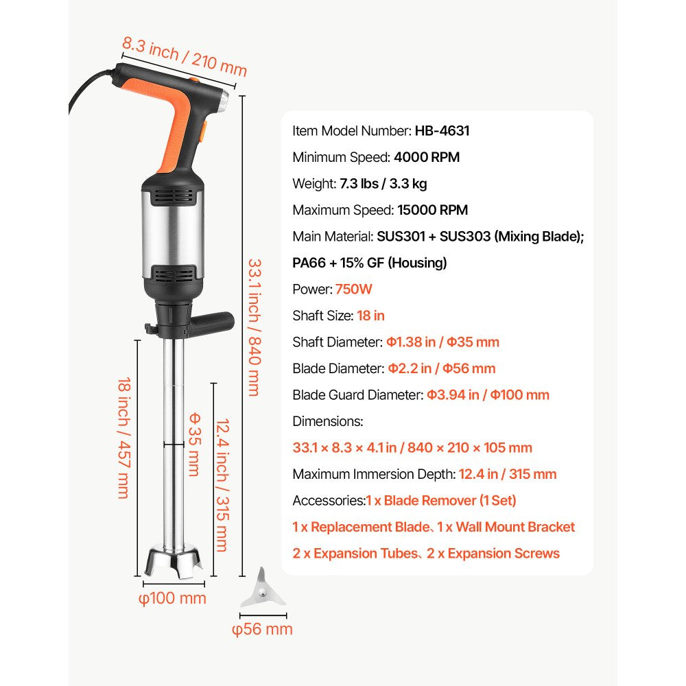 VEVOR Commercial Immersion Blender, 750W, 18-inch, Heavy-Duty Hand Mixer for Restaurant, Handheld Stick for Soups & Sauces, Pure-Copper Motor, Variable Speed, Stainless Steel 3-Blade Head, Handle