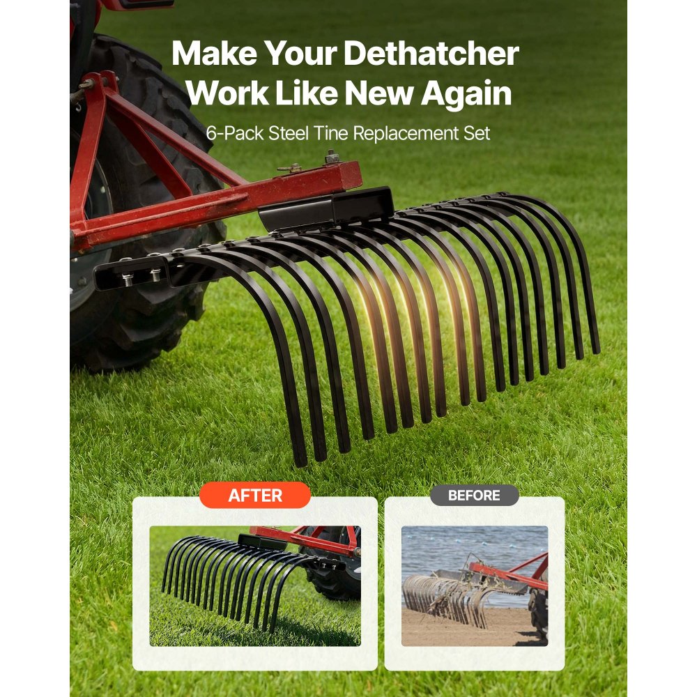 VEVOR Rock Rake Tines, 6 Pack 1" x 5/16" Bolt-Mount Landscape Rake Tines Replacement, One Bolt Hole, High-strength & Heat-treated Steel Gravel Rakes Tine Replacement Parts