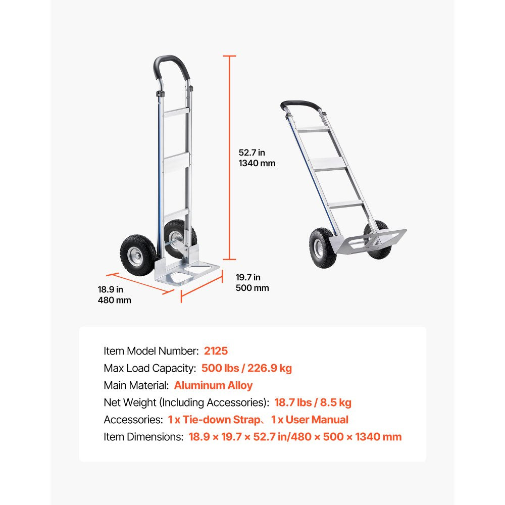 VEVOR Hand Truck, 500 lbs Load Capacity, Heavy-Duty Hand Truck Dolly with Non-Slip Wheels & Handle, Aluminum Alloy Portable Trolley Dolly with Tie-down Strap for Moving Home, Office, Warehouse