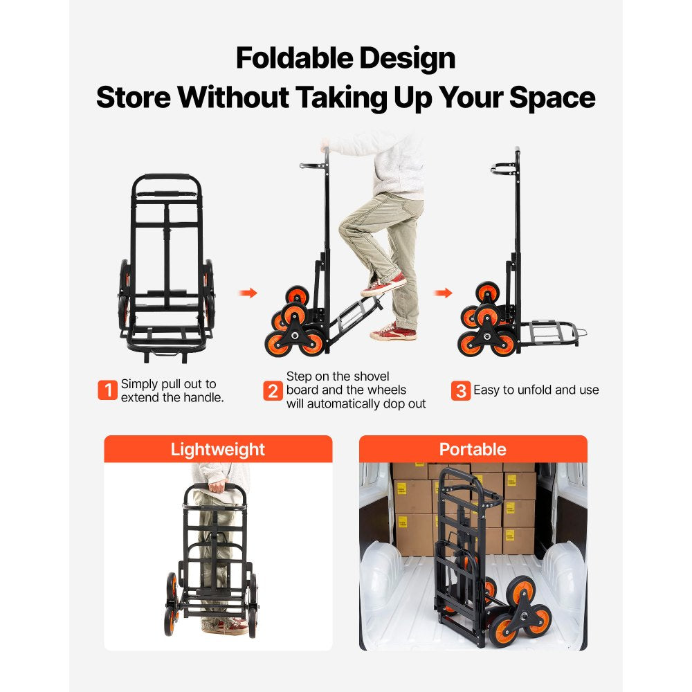 VEVOR Stair Climbing Cart, 220 lbs Stair-Climbing Capacity, Heavy-Duty Folding Trolley Cart with Telescoping Handle, 6 Wheels and 2 Bungee Cords, Stair Climber Dolly for Home, Groceries, Warehouse