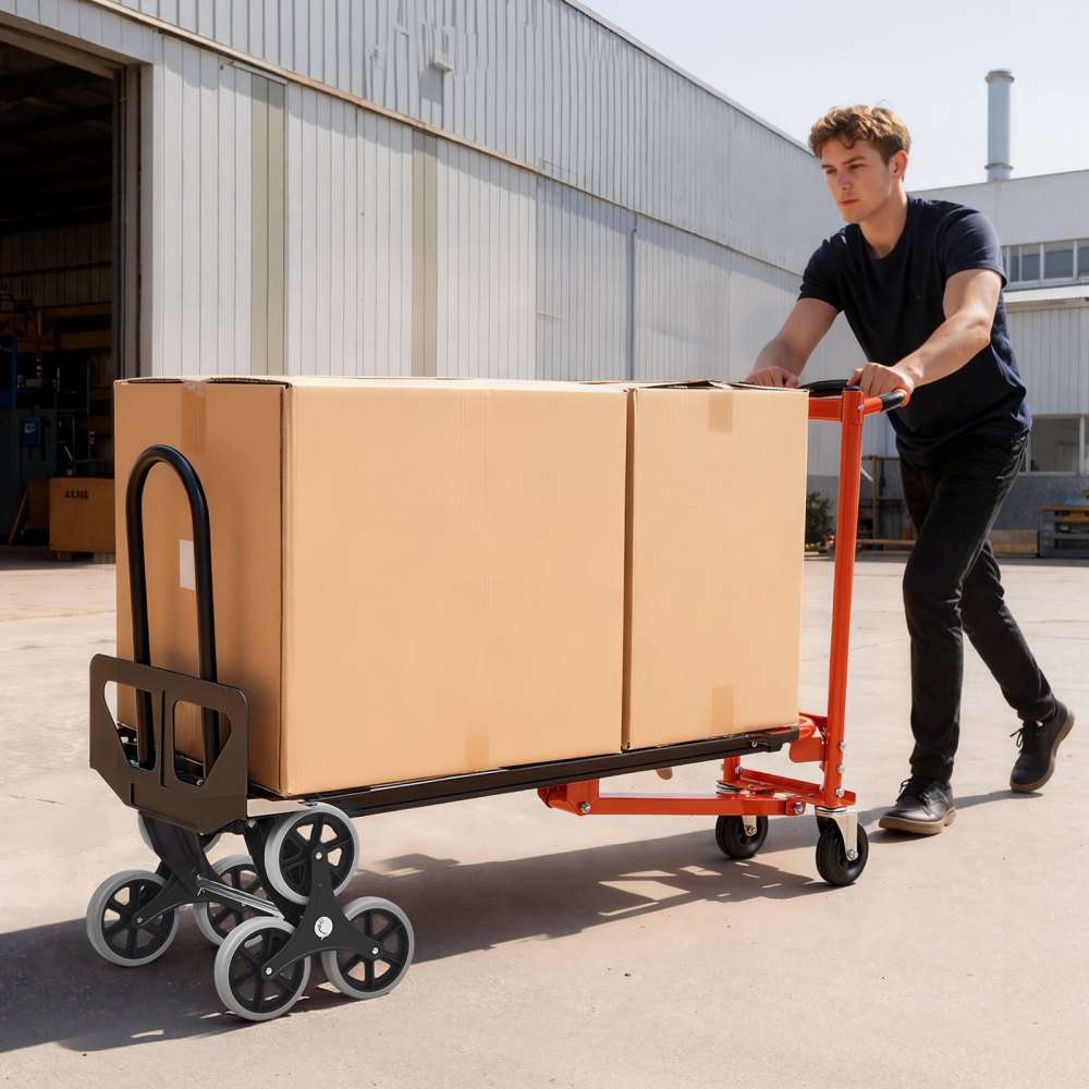 VEVOR 3 in 1 Industrial Convertible Stair Climbing Cart, 770 lbs Max Load, Folding Hand Truck Dolly with Handle & Wheels, Stair Climbing Utility Trolley for Transport & Moving, Orange & Silver