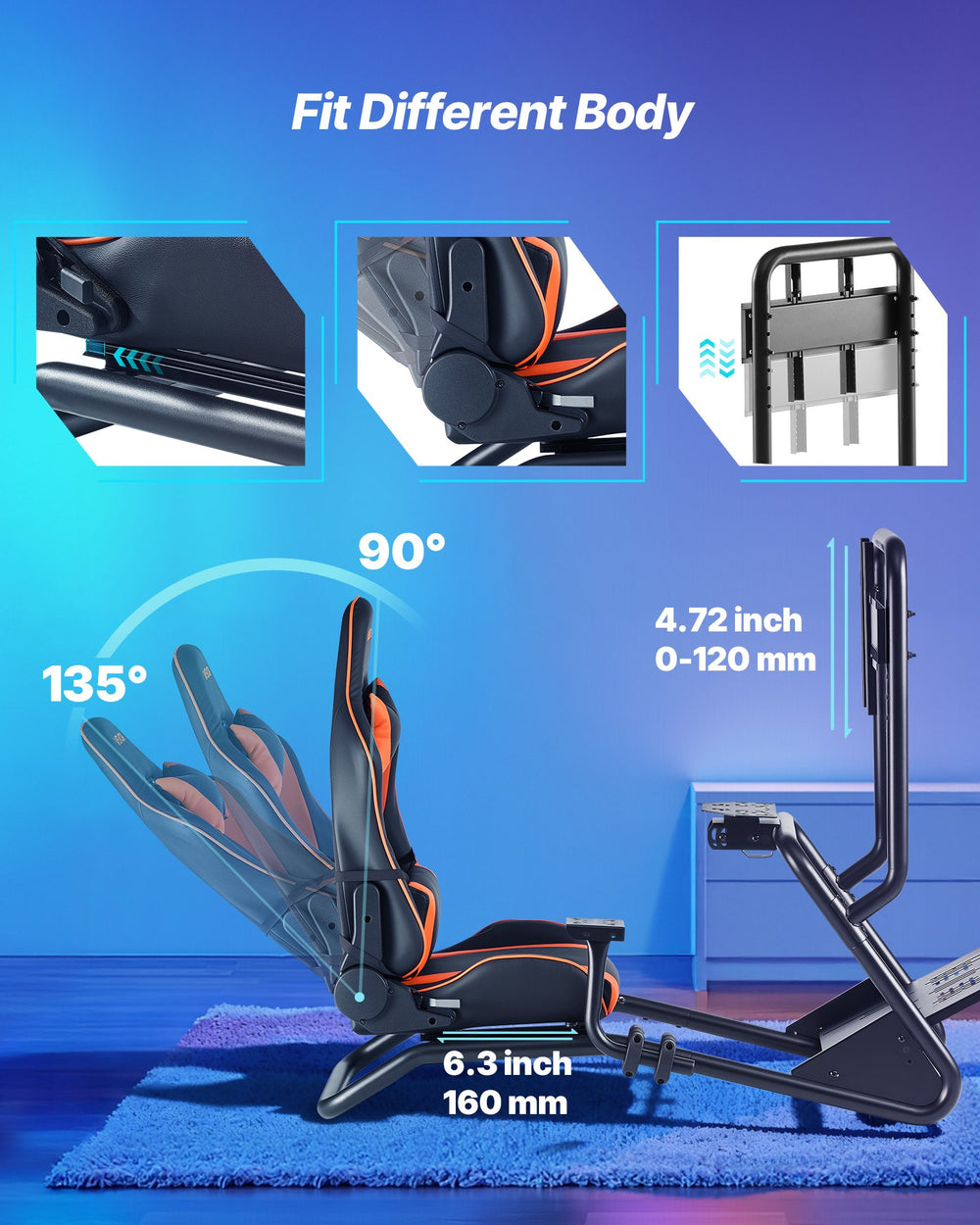 VEVOR racing wheel stand seat/monitor fit and adjustment range graphic