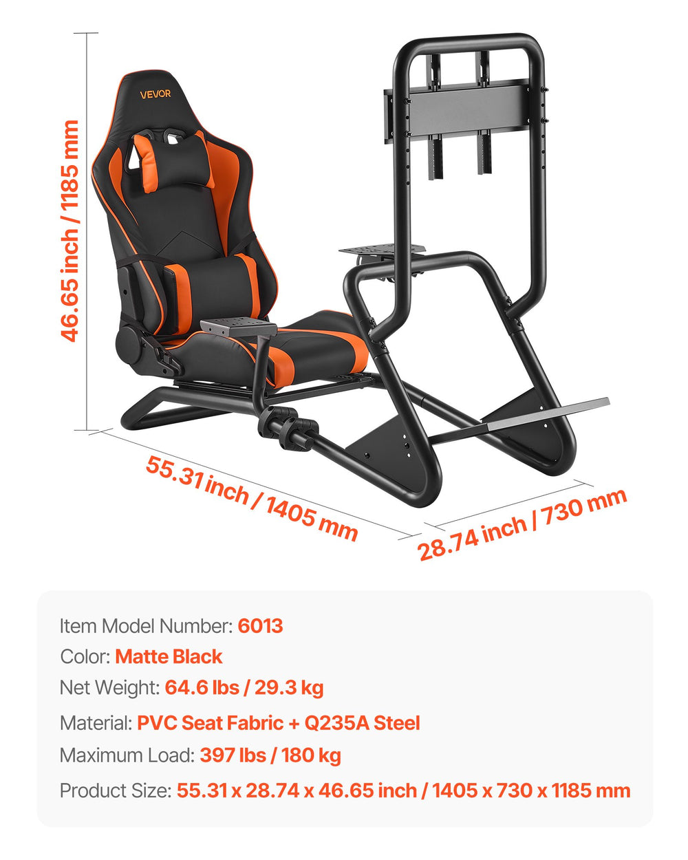 VEVOR racing wheel stand dimensions and specs graphic
