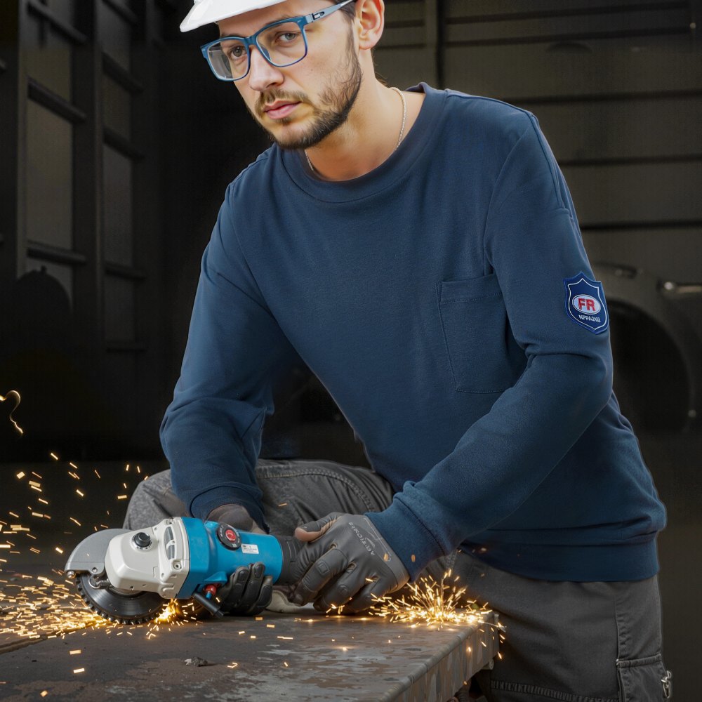 VEVOR FR Shirts, Flame Resistant Long Sleeve Clothing Lightweight 7 oz Breathable Cotton, Men's Fire Retardant Work Shirt with Pre-shrink Treatment & Pocket, for Welders,Electricians,Navy Blue 2XL