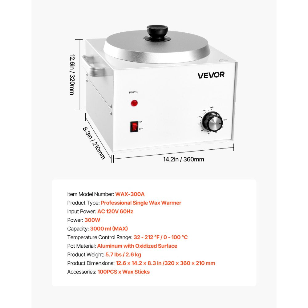 VEVOR Single Pot Wax Warmer, 3000ML 300W Professional Wax Warmer for Hair Removal, 32 ℉ - 212℉ Adjustable Electric Waxing Heater with 100PCS Waxing Sticks for Home Use, Beauty Salon, Spa