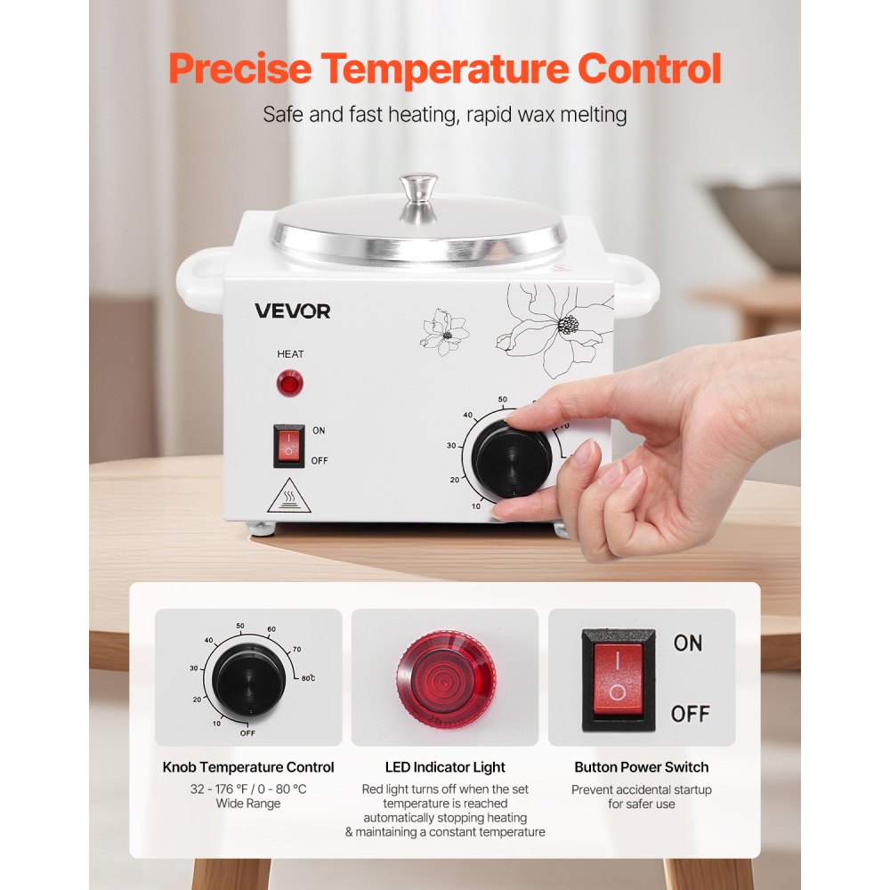 VEVOR Single Wax Warmer, 600ML Professional Wax Warmer for Hair Removal, 32 ℉ to 176℉ Adjustable Electric Waxing Heater Pot with 100PCS Waxing Sticks for Home Use, Beauty Salon, Spa
