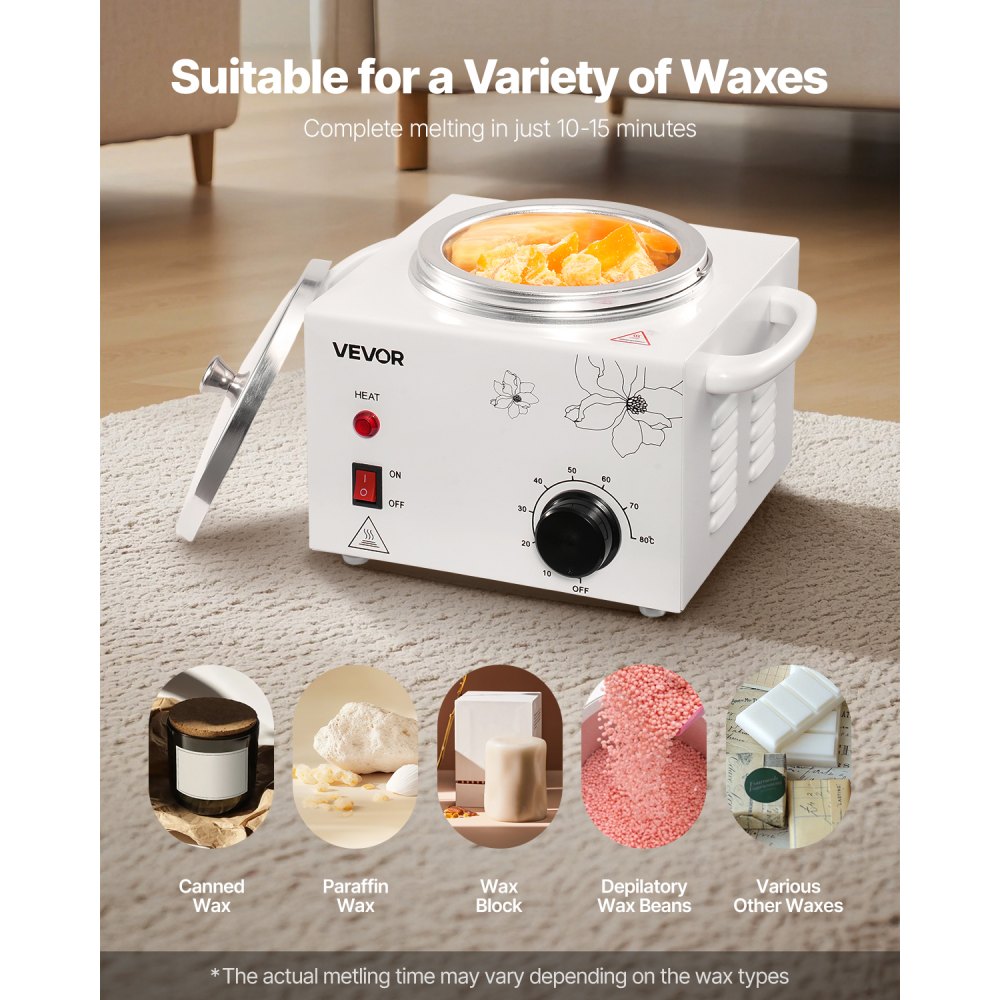 VEVOR Single Wax Warmer, 600ML Professional Wax Warmer for Hair Removal, 32 ℉ to 176℉ Adjustable Electric Waxing Heater Pot with 100PCS Waxing Sticks for Home Use, Beauty Salon, Spa