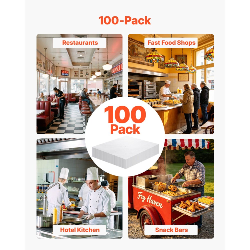 VEVOR 100 Pack Fryer Filter Paper, Replacement Deep Fryer Filter Sheets, for 38/55L Commercial Mobile Machine, Extend Oil Life for Improved Taste, for Restaurant, Kitchen, Burger Shop, 11.4x11.4 in