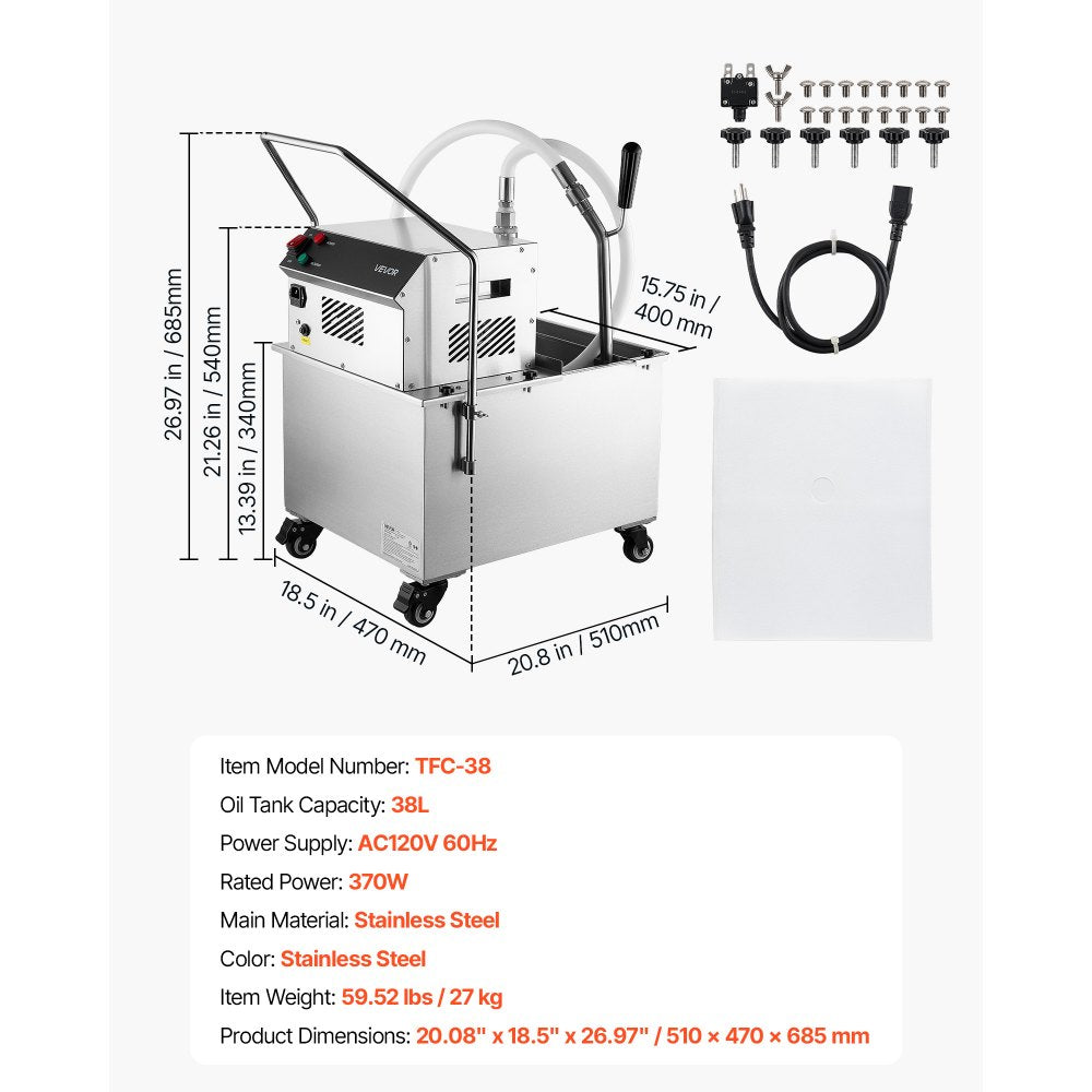 VEVOR Commercial Mobile Fryer Filter Machine 38L /10Gal Filter Truck Cart, 370W Deep Frying Oil Filtration System, Stainless Steel, 12 L/min Filtering Speed, for Restaurant, Kitchen, Burger Shop