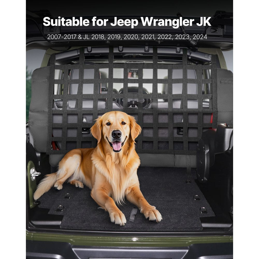 VEVOR Dog Car Barrier, Mesh Cargo Pet Net for Jeep Wrangler JK 2007-2017 JL 20018-2024, Vehicle Pet Barrier Fits Behind Rear Seat Cargo Area, Scratch and Tear-Resistant Polyester Mesh, Easy to Install