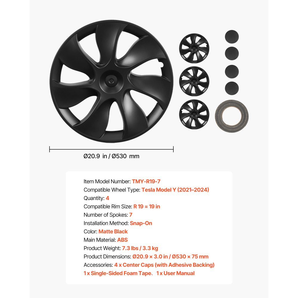 VEVOR Hubcaps Wheel Covers for 2021-2024 Tesla Model Y, 19 Inch Set of 4 Wheel Rim Cover Hubcaps OEM Style Replacement, R19 Size Snap On Car Hub Caps, Premium 7-Spoke ABS Tire Rim Caps, Matte Black